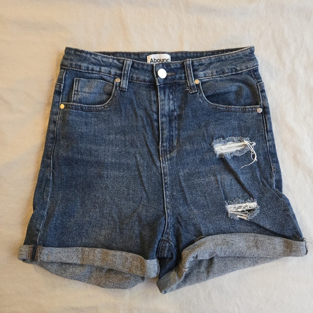Abound Ultra High Waist Jean Shorts Distressed Medium Blue Denim Rolled Cuff
